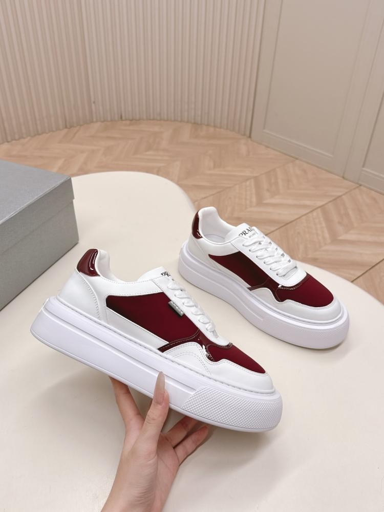 Prada Leather & Fabric Low-Top Sneakers - White/Burgundy