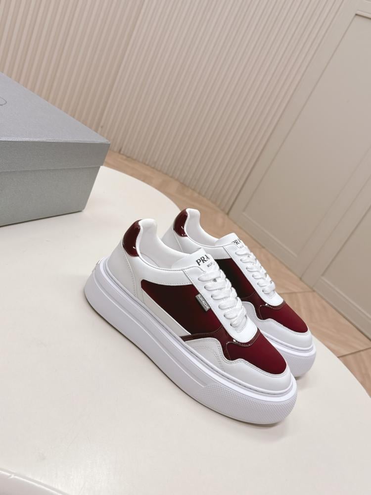 Prada Leather & Fabric Low-Top Sneakers - White/Burgundy