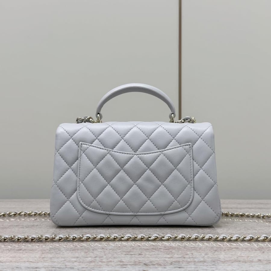 Chanel Top Handle Classic Flap Bag - Light Grey Quilted Leather