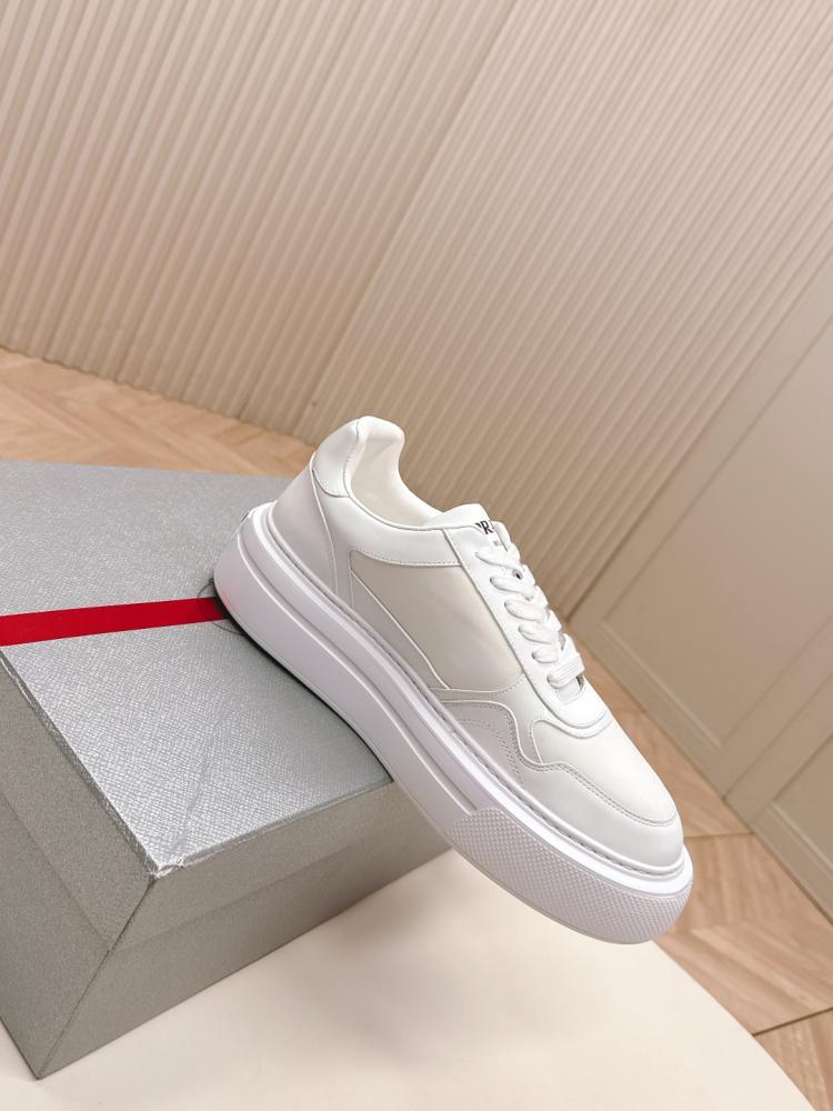 Prada Leather Low-Top Sneakers with Side Logo - White