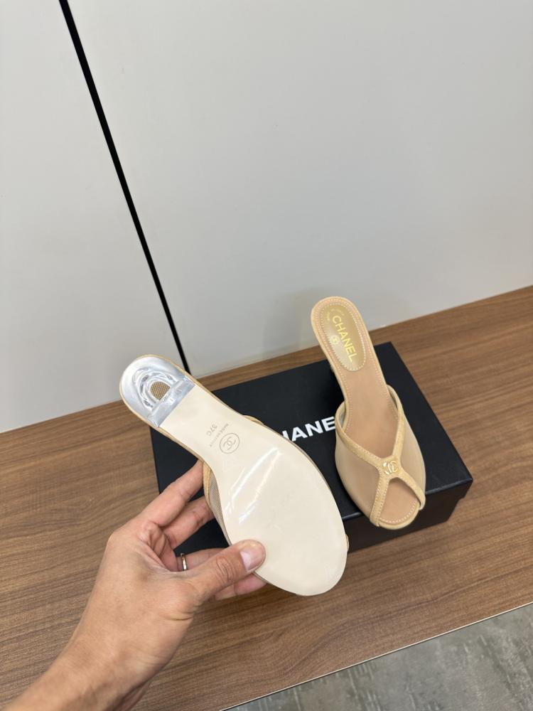 Chanel Beige Mesh Mules with Clear Heels