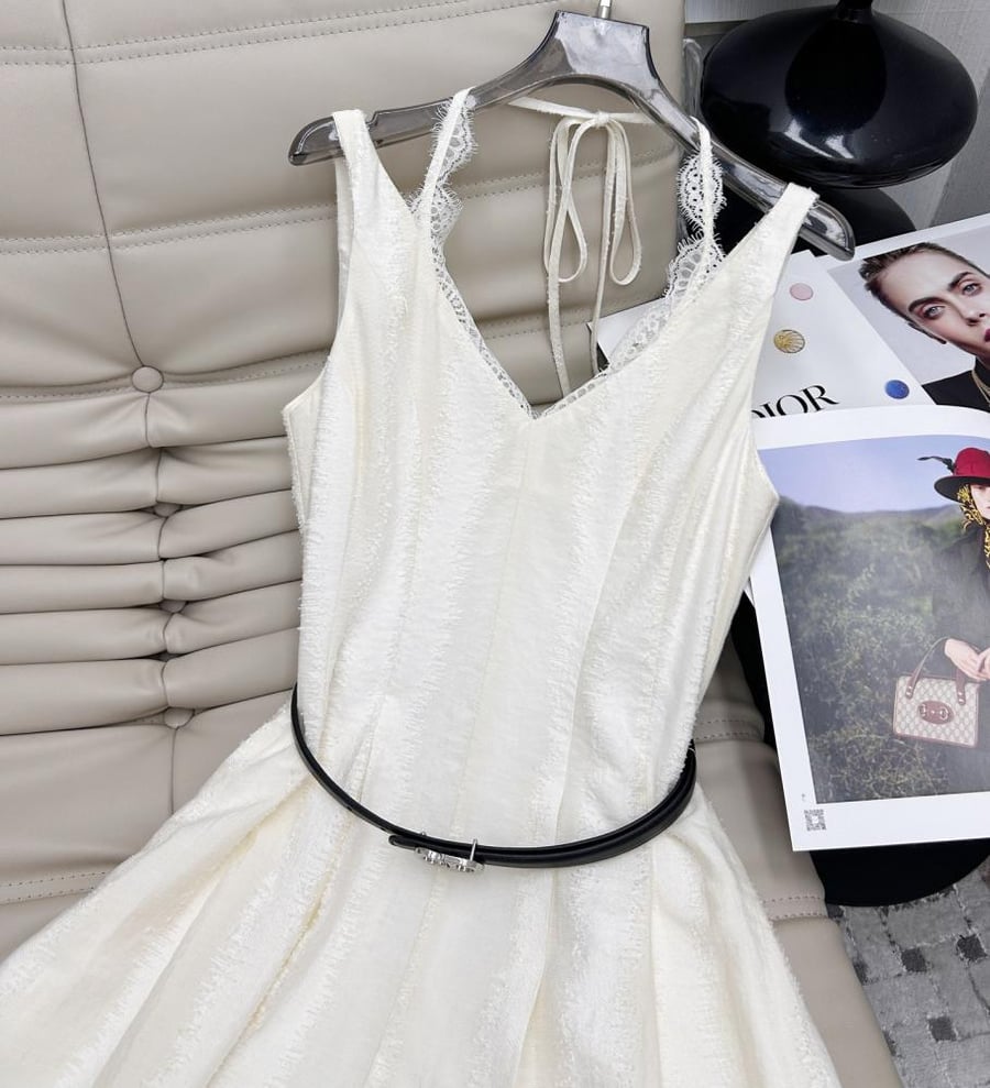 Dior Ivory Lace Trimmed Sleeveless Dress with Black Belt
