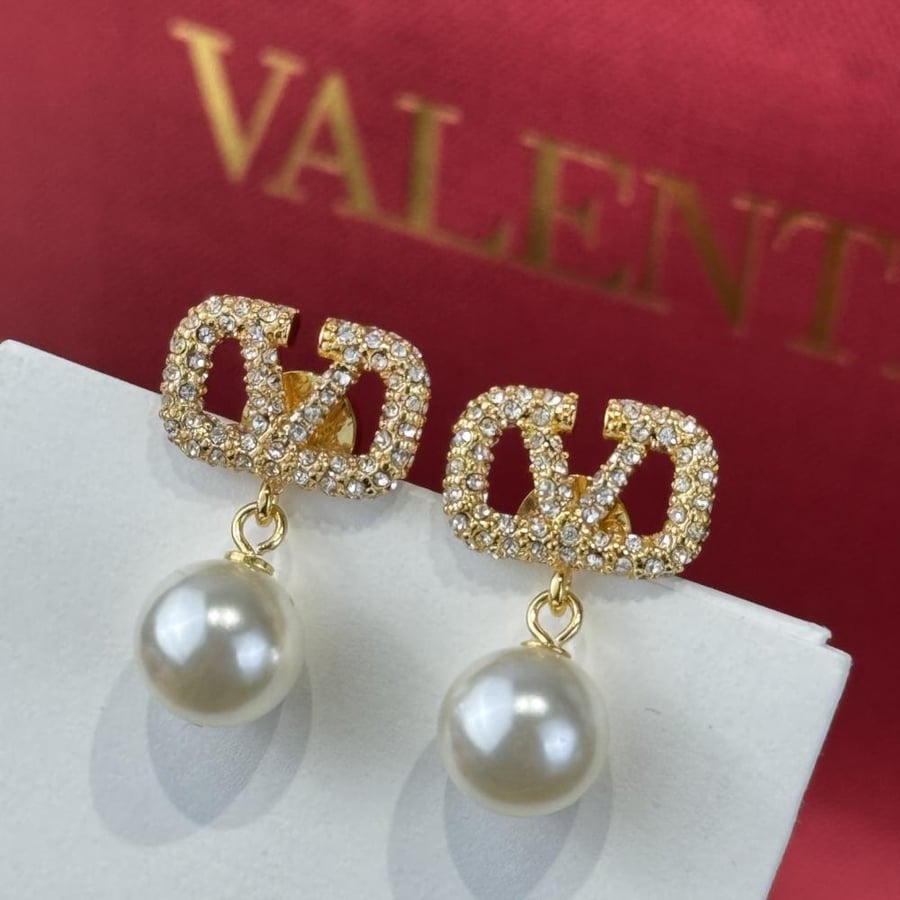 ‏Valentino Crystal and Pearl Drop Earrings