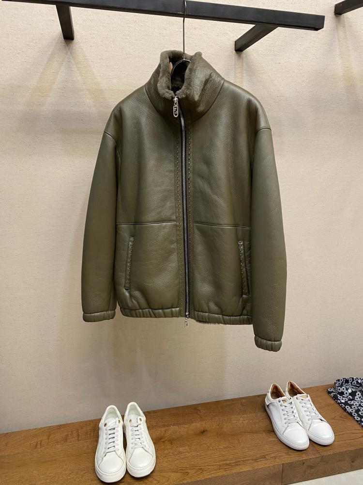 Fendi Olive Green Shearling-Lined Leather Jacket