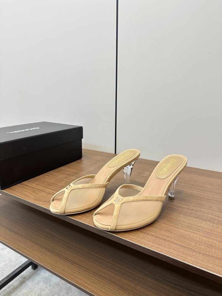 Chanel Beige Mesh Mules with Clear Heels