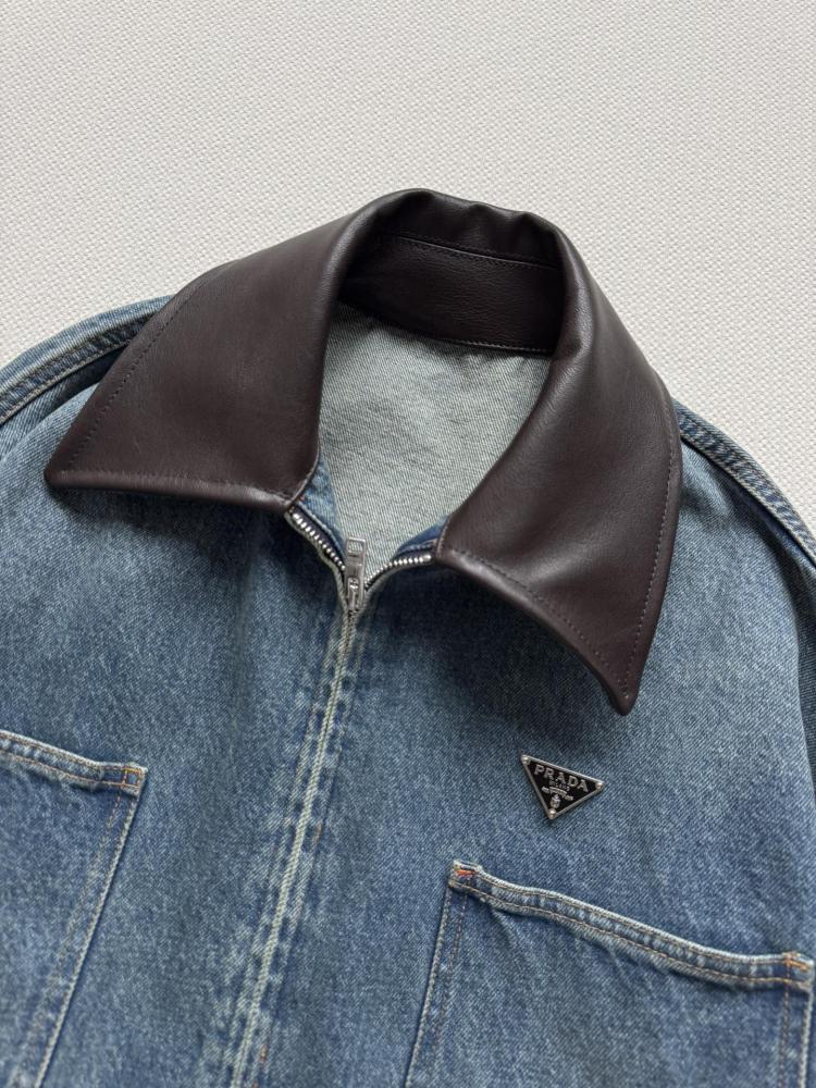 Prada Cropped Denim Jacket with Leather Collar