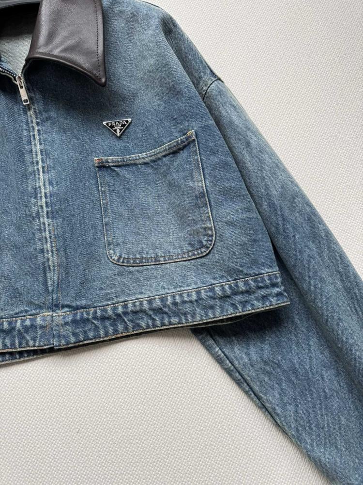 Prada Cropped Denim Jacket with Leather Collar