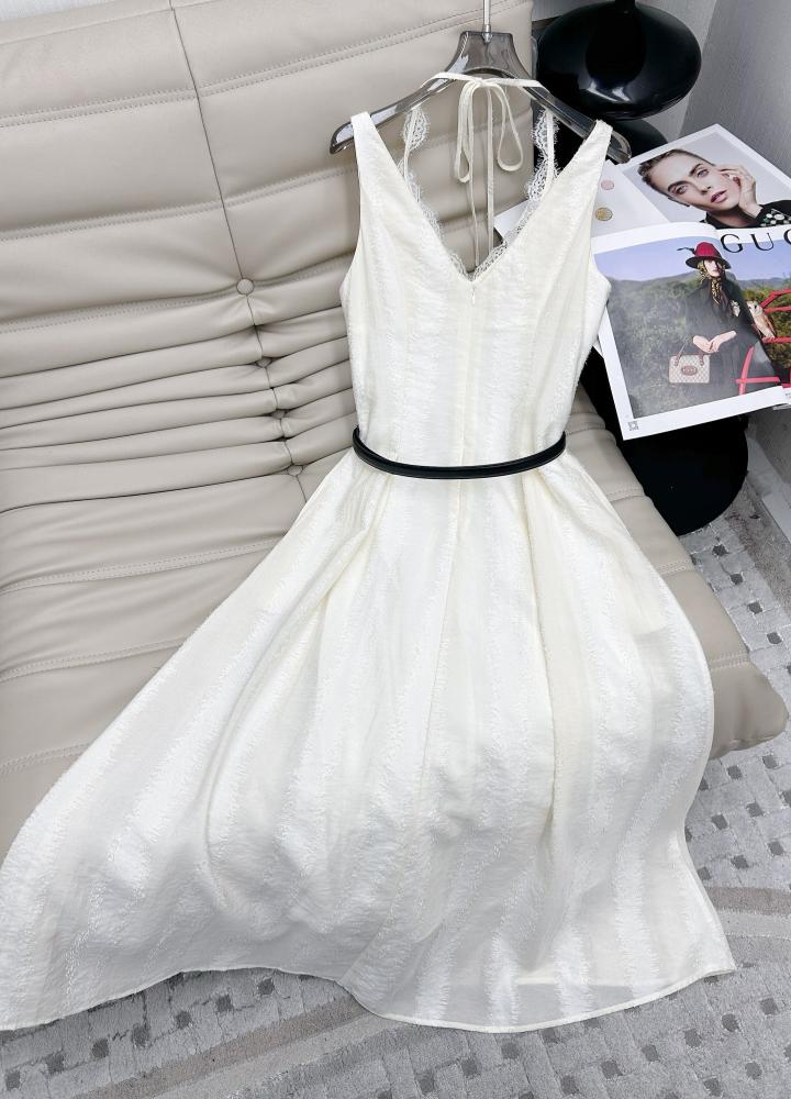 Dior Ivory Lace Trimmed Sleeveless Dress with Black Belt