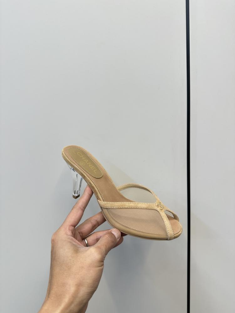 Chanel Beige Mesh Mules with Clear Heels