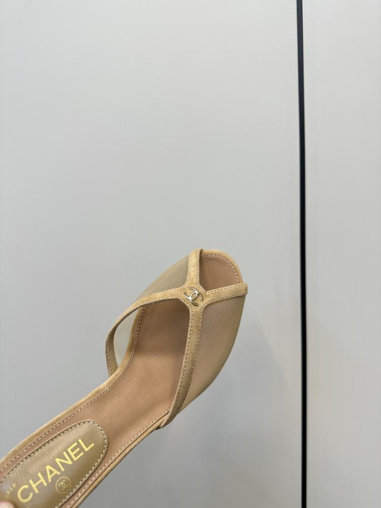 Chanel Beige Mesh Mules with Clear Heels