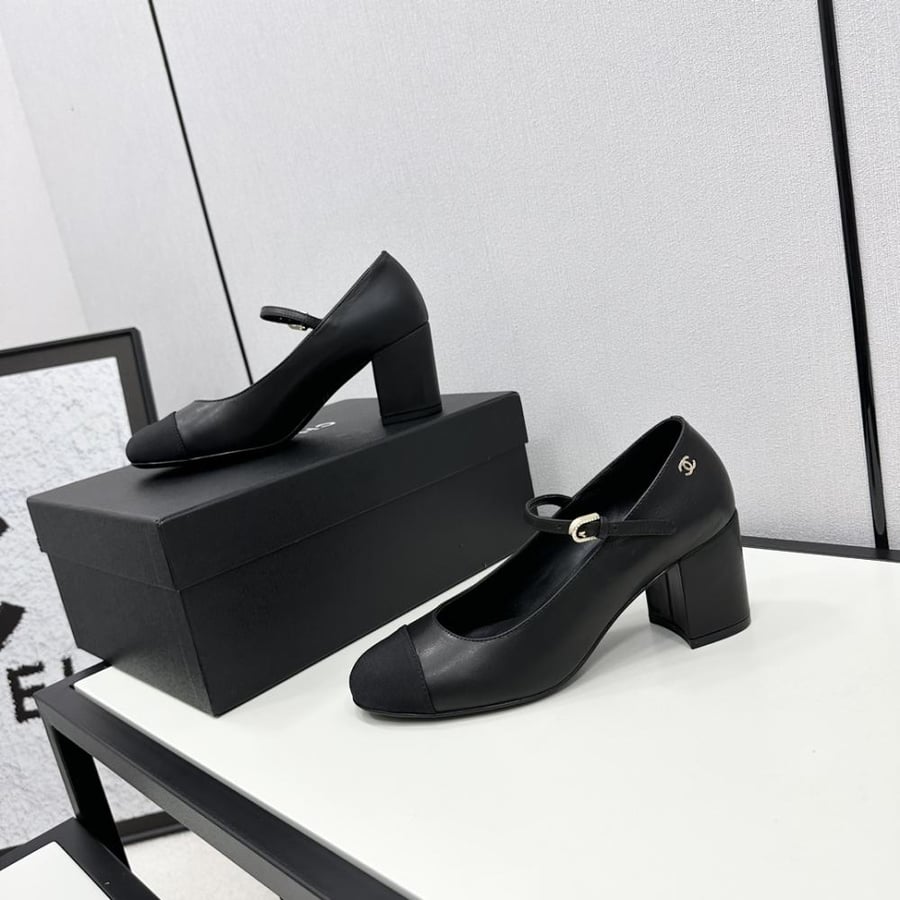 Chanel Black Leather Mary Jane Block Heel Shoes