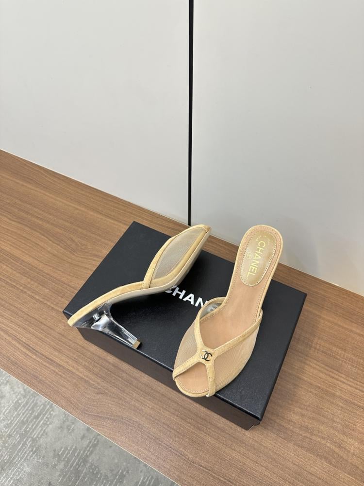 Chanel Beige Mesh Mules with Clear Heels