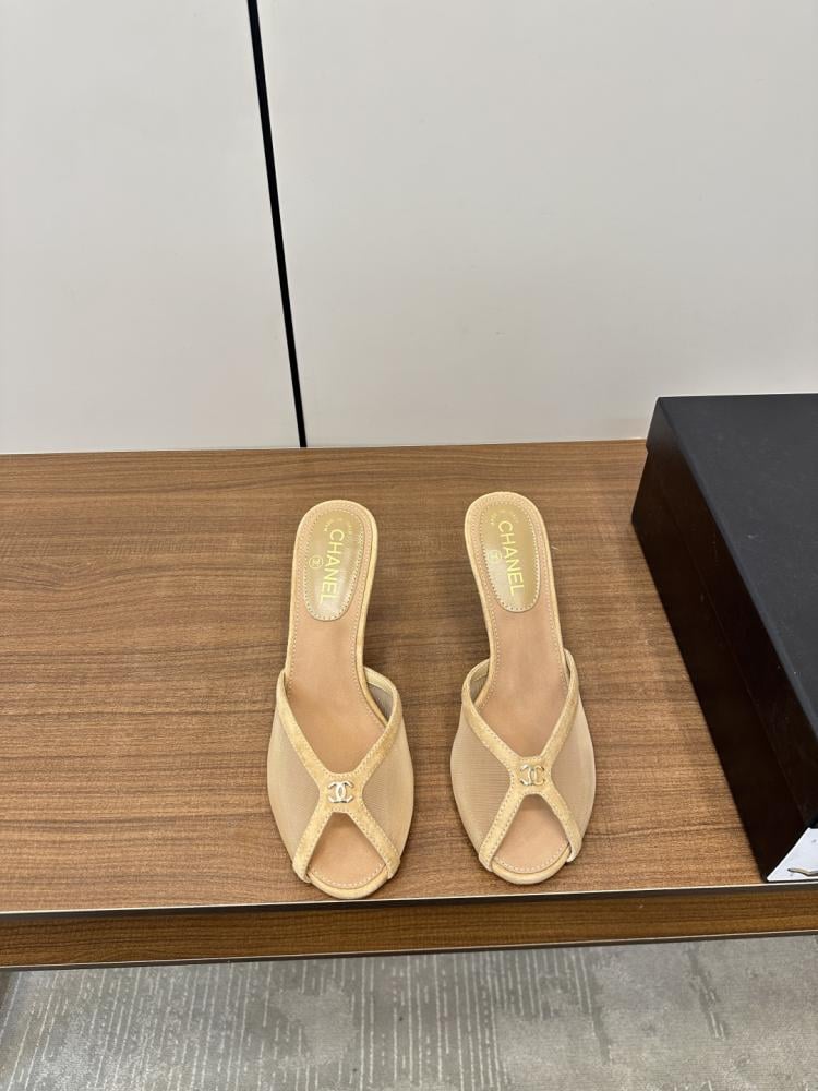 Chanel Beige Mesh Mules with Clear Heels