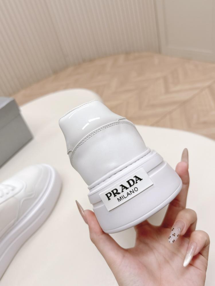 Prada Leather Low-Top Sneakers with Side Logo - White