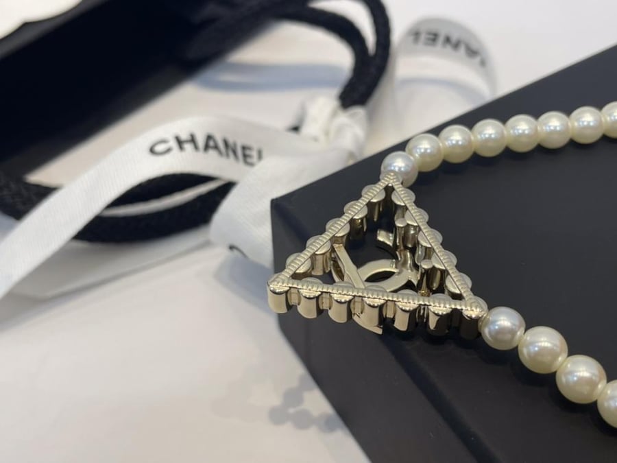 Chanel Pearl Necklace with Crystal Logo Pendant