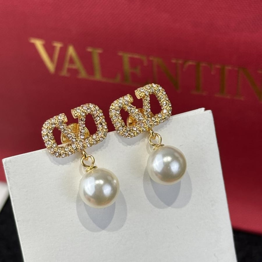 ‏Valentino Crystal and Pearl Drop Earrings