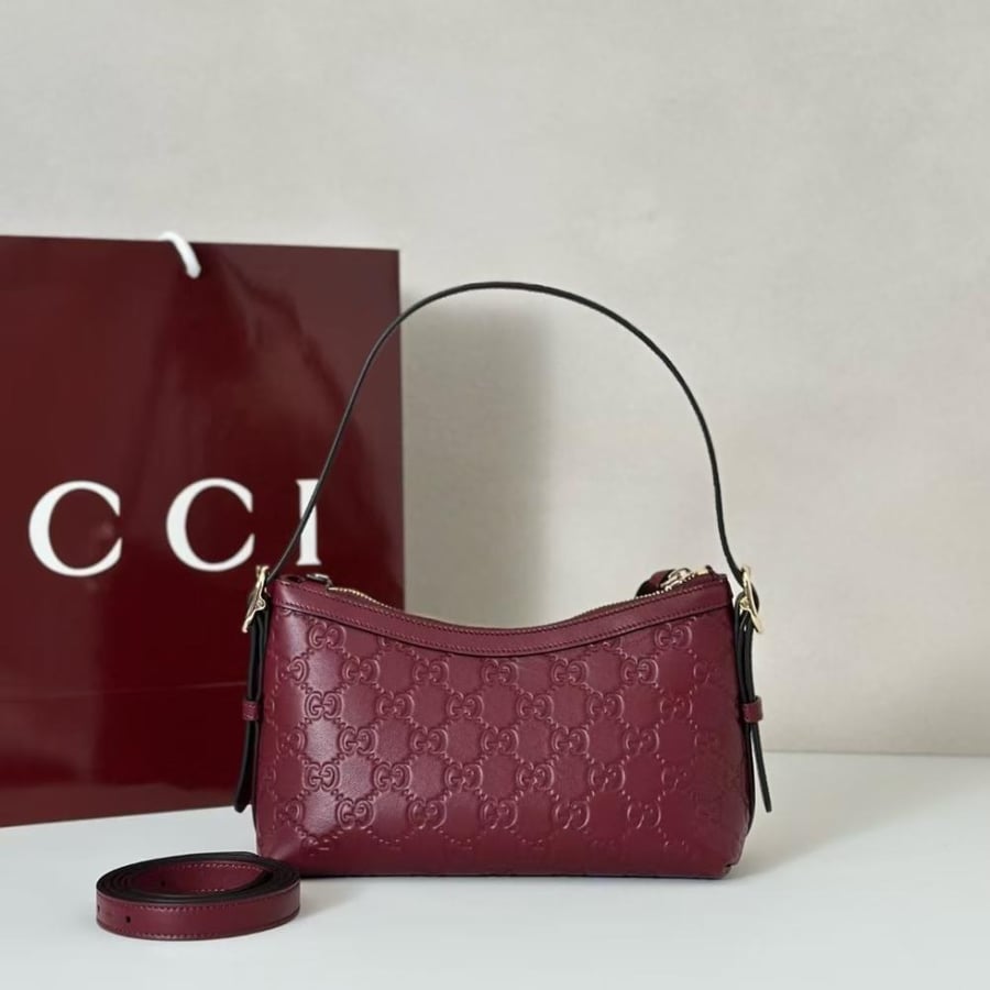 Gucci GG Embossed Leather Shoulder Bag – Burgundy