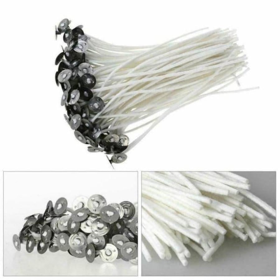 50 natural cotton candle wicks with metal sustainers.