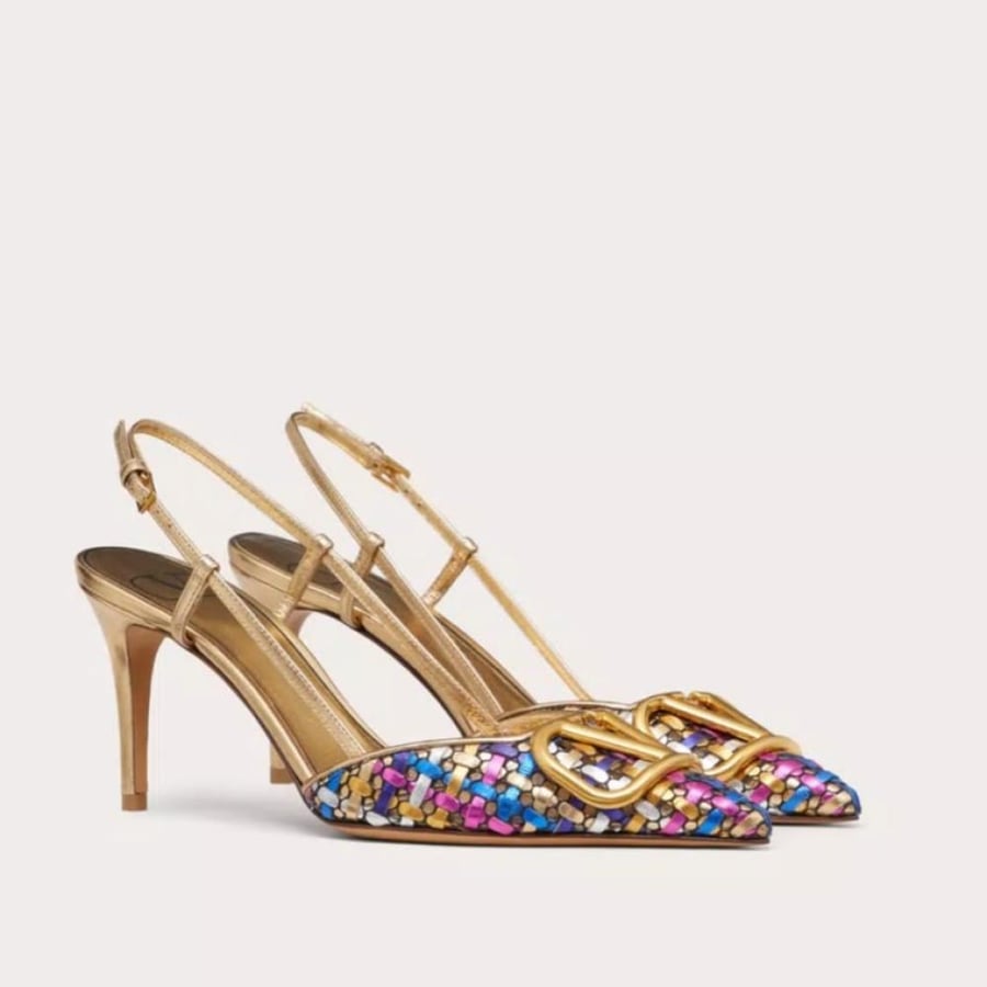 كعب فالنتينو 8 سم vlogo signature slingback pumps in woven metallic nappa 80mm