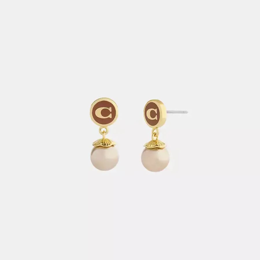 حلق كوتش Signature Enamel Coin Pearl Drop Earrings