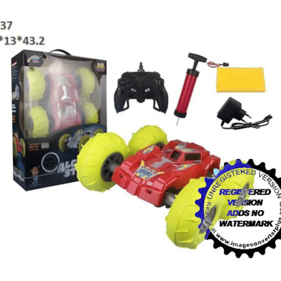 Small toy car in red with tire pump, operated by remote control