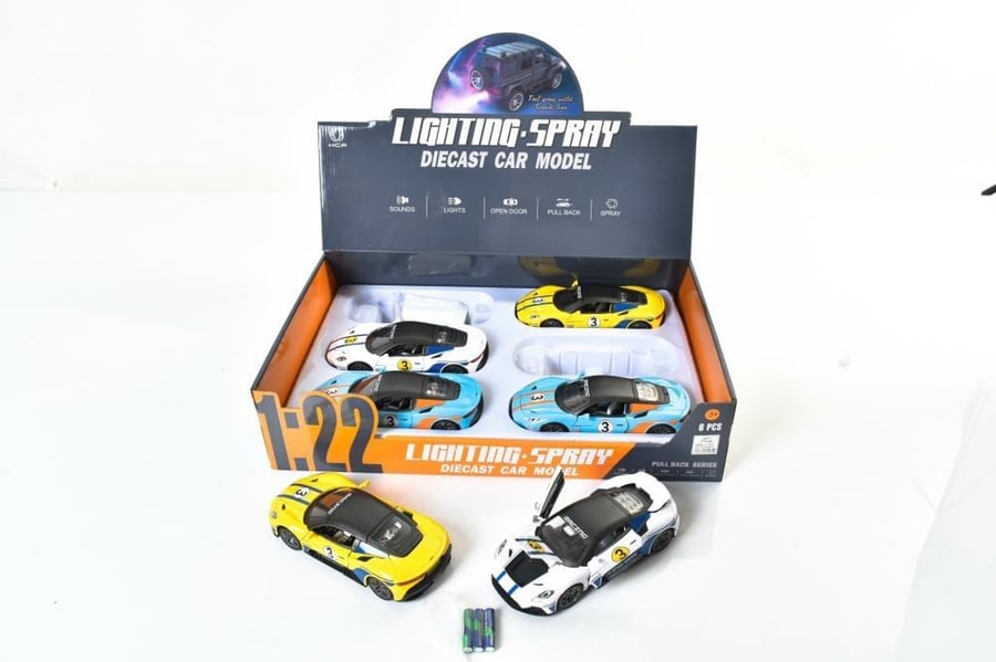 Metal racing cars with lighting and spray .. 6 pieces ..