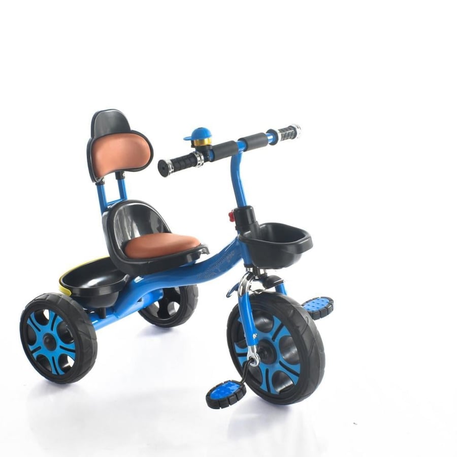 Three-wheeled baby stroller with front basket