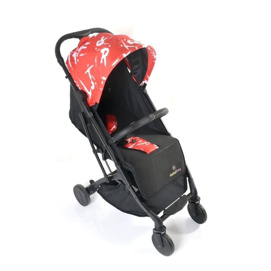 Stroller in black color with red drawings on the canopy, foldable