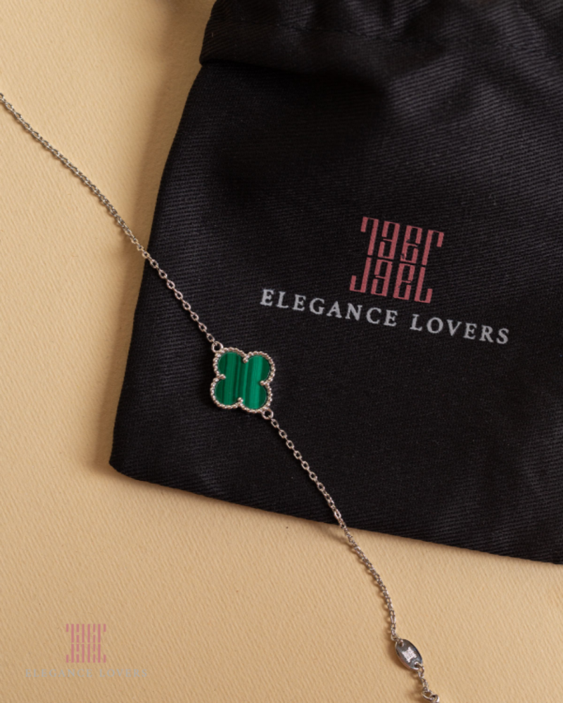 إسوارة زهرة البرسيم حجر ملاكيت أخضر مطلية ذهب أبيض ماركة Elegance Lovers