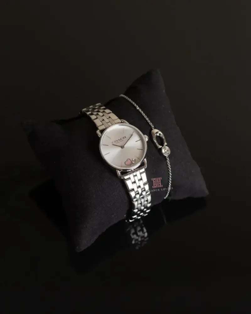 طقم نسائي ساعة إسوارة ماركة كوتش - Silver Pink Heart