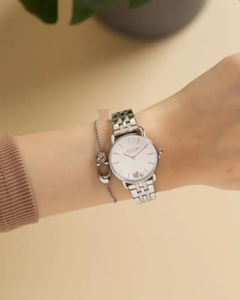 Women's set watch + bracelet Coach brand - Silver & Pink Heart