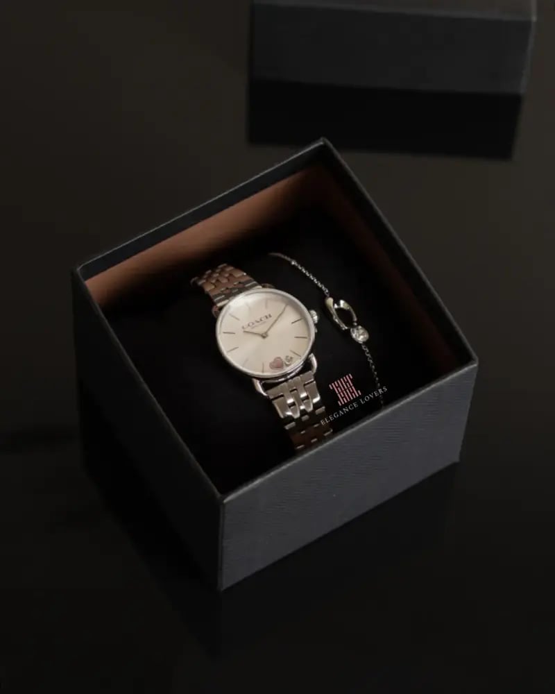 Women's set watch + bracelet Coach brand - Silver & Pink Heart