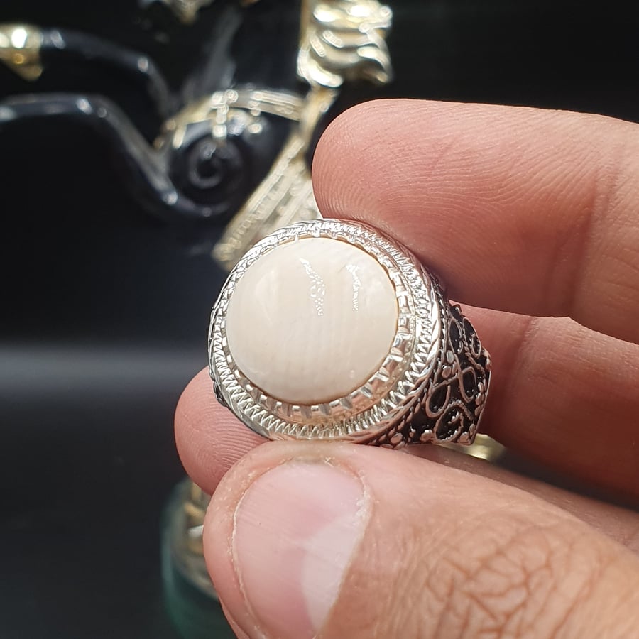 خاتم عاج الفيل الطبيعي الدائري صياغه سلك نجراني
