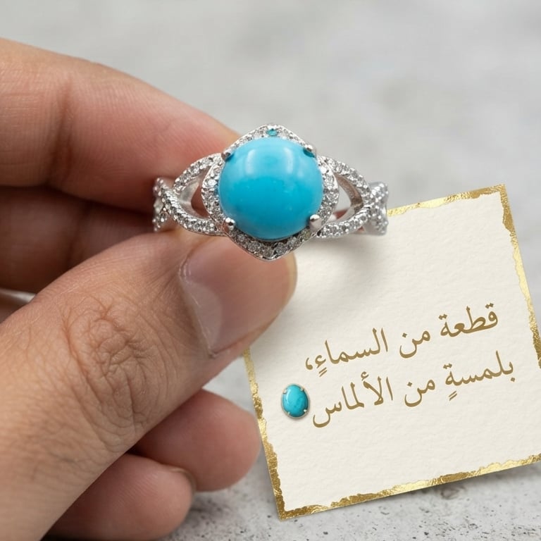 خاتم فيروز صافي مرصع بالزركون موديل الماس