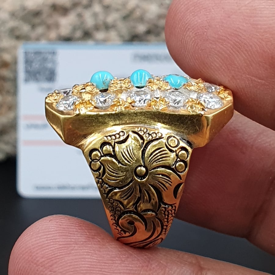 خاتم موزنايت مطعم بالفيروز مطلي بالروديوم الذهبي
