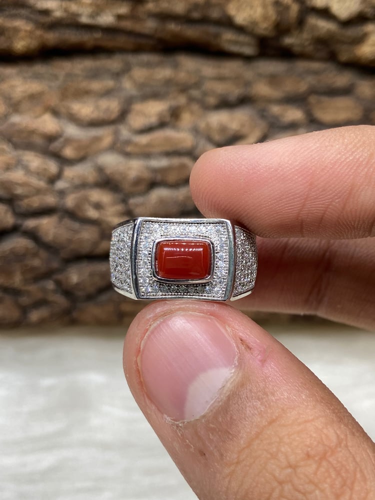 Thai silver ring set with zircon, garnet color, rectangular shape, 925 alloy, elegance and beauty, size 8