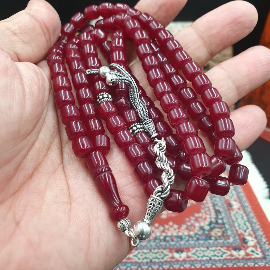 سبحه فاتوران احمر قص مربع بطربزونيه فضه عيار 990
