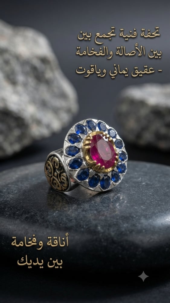 خاتم ياقوت مطعم بالزفير  برواز مذهب موديل الكتف