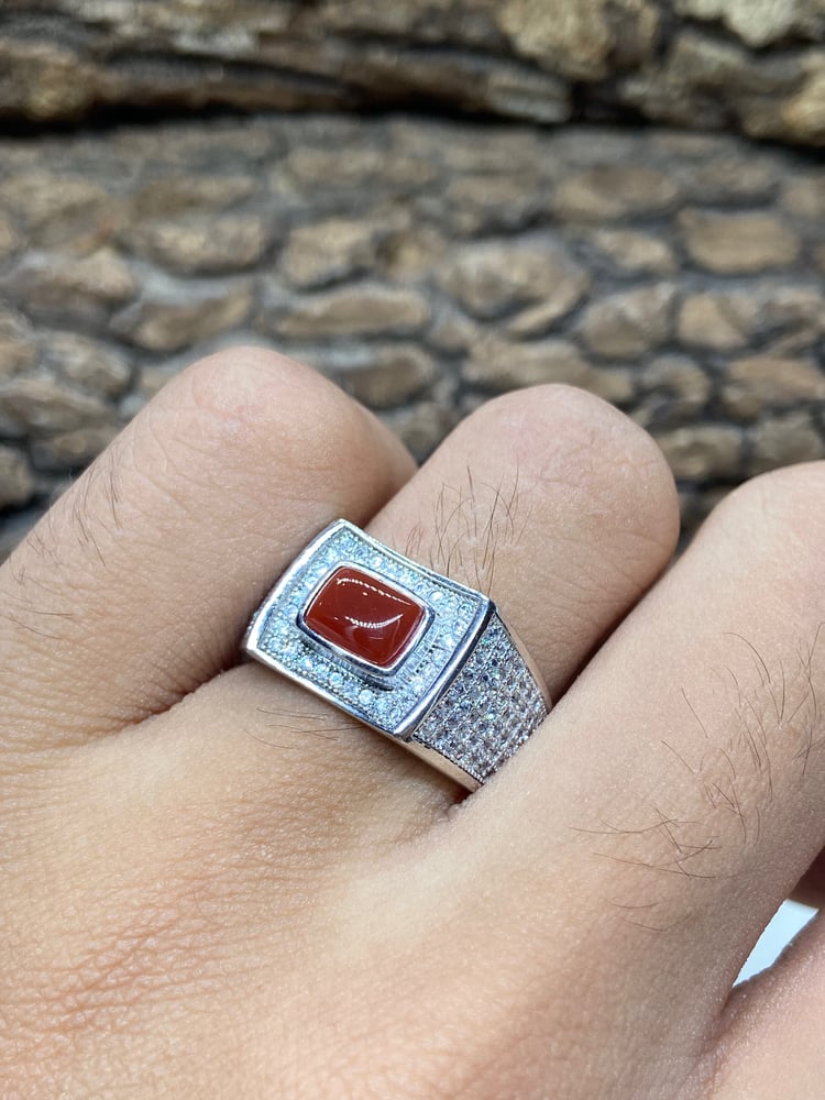 Thai silver ring set with zircon, garnet color, rectangular shape, 925 alloy, elegance and beauty, size 8