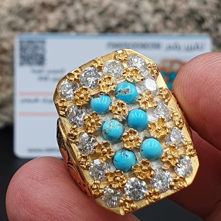 خاتم موزنايت مطعم بالفيروز مطلي بالروديوم الذهبي