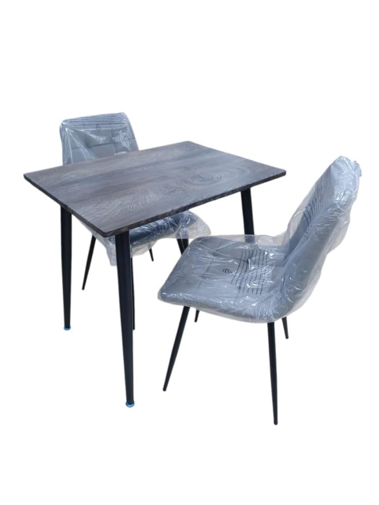 Table with 2 gray wood chairs