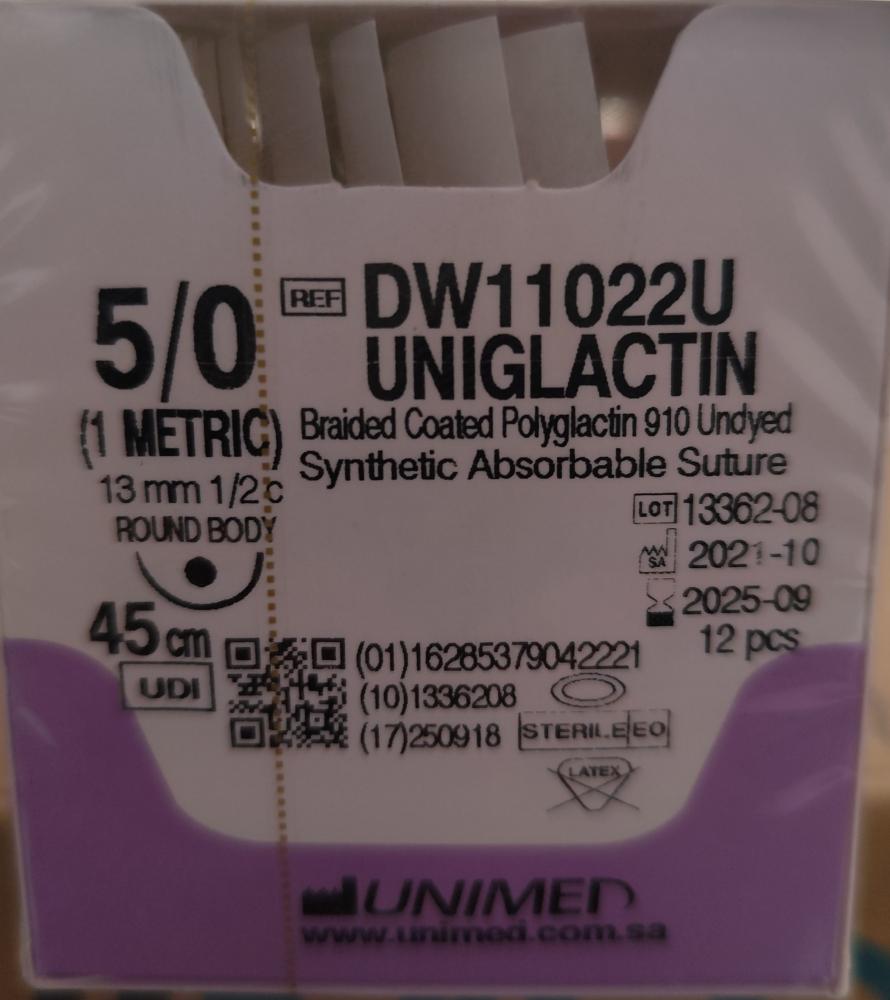 خيط فيكريل UNIGLACTIN 13mm 1/2 C.R.B 1(5/0)45cm