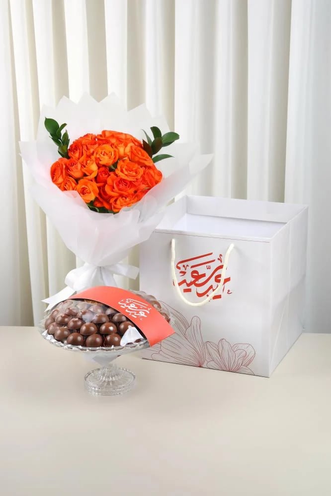 صينية شكولاتة بلجيكية مع باقة ورد