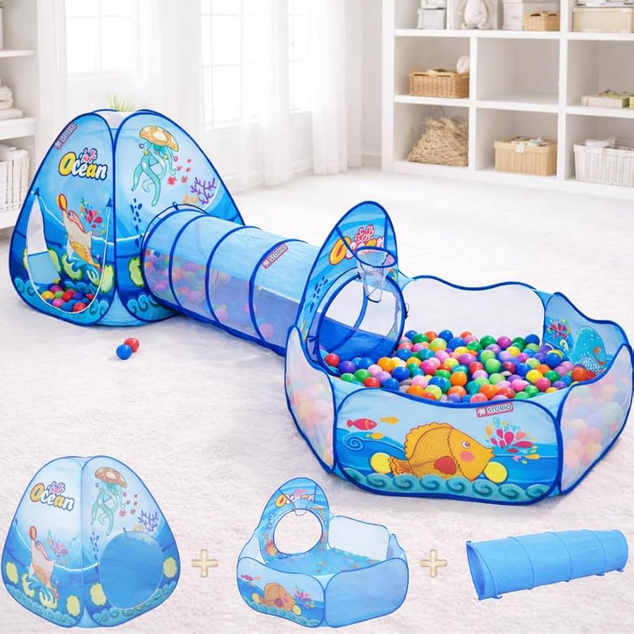 خيمة لعب أطفال بنمط بيبي شارك (Adventure Baby Shark Play Tent) تأتي مع 200 كرة ملونة ونفق للزحف يربط بين أجزاء الخيمة.
