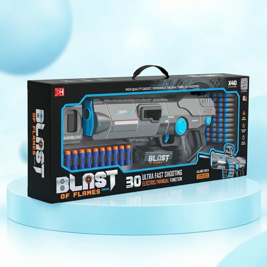 مسدس طلقات إسفنج Blast of Flames سلسلة 30 طلقة كهربائي ويدوي مع إضاءة ونظر قابل للضبط