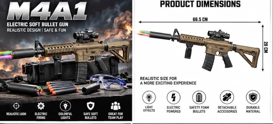 مسدس طلقات كريستال M4A1 Crystal Bullet Gun — إضاءة ورذاذ وفلاش من عمر 14 سنة
