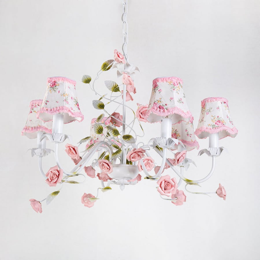 Large 6-arms chandelier for girls decorated with flowers