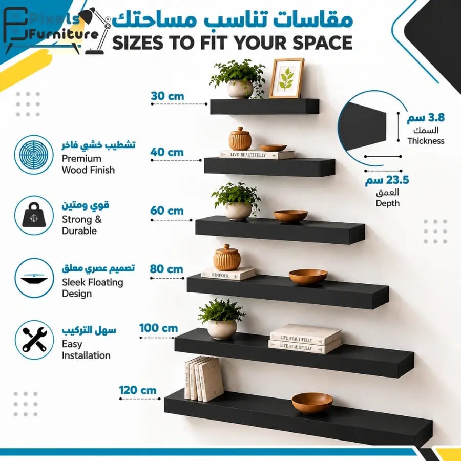 مجموعة من 3 قطعة ارفف عائمة للحائط من بكسل الأثاث, غرفة المعيشة, غرفة النوم, ديكور المطبخ, الحمام, ارفف بدعامات غير مرئية, 40 سم