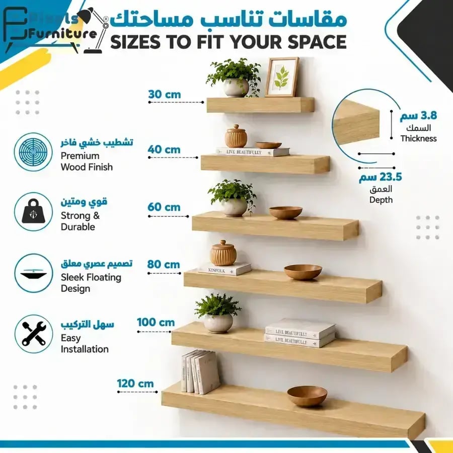مجموعة من 2 قطعة ارفف عائمة للحائط من بكسل الأثاث, غرفة المعيشة, غرفة النوم, ديكور المطبخ, الحمام, ارفف بدعامات غير مرئية, 120 سم