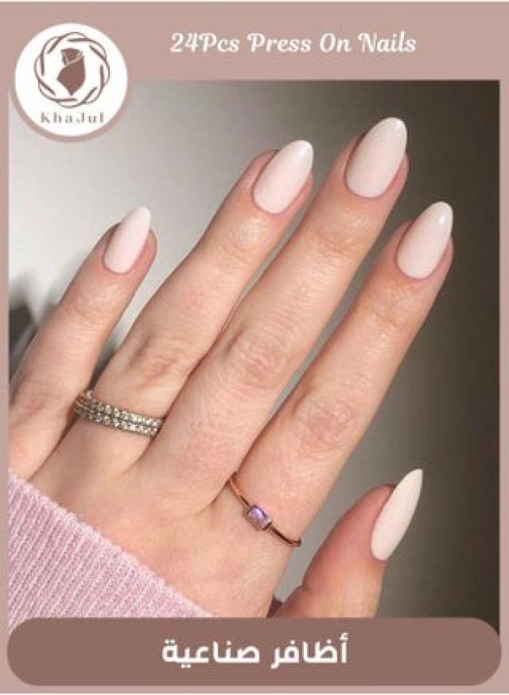 Almond-shaped beige and white stick-on nails – 24 pieces with jelly glue and nail file